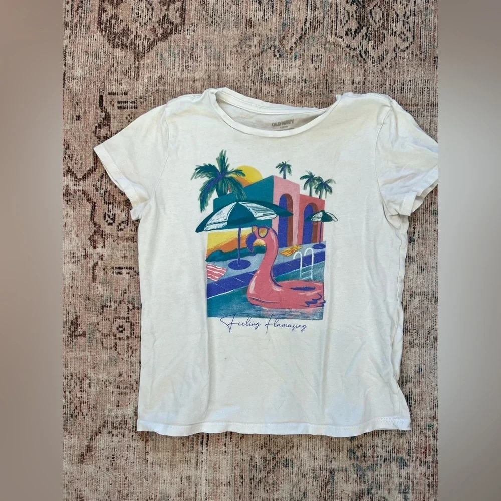 Old Navy White Tropical Flamingo Tee